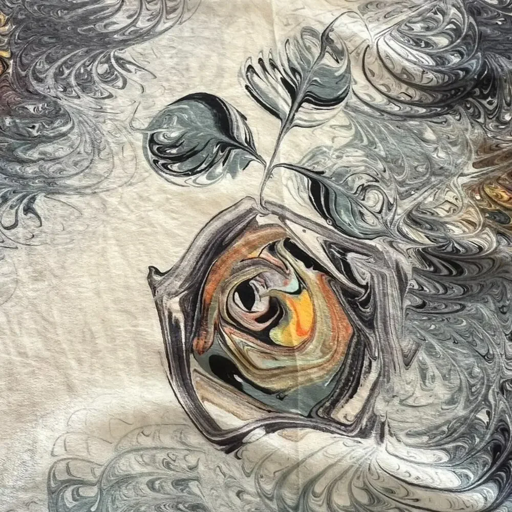 Marble Swirl Silk Scarf Hand Marbled Square Ivory Black Gray Hand Rolled Hem 30